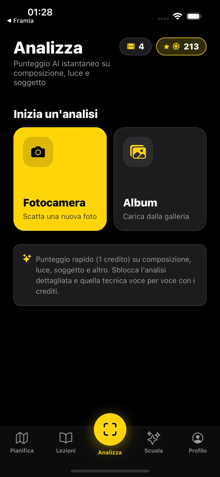 Schermata di Framia: avvio di un'analisi da fotocamera o album