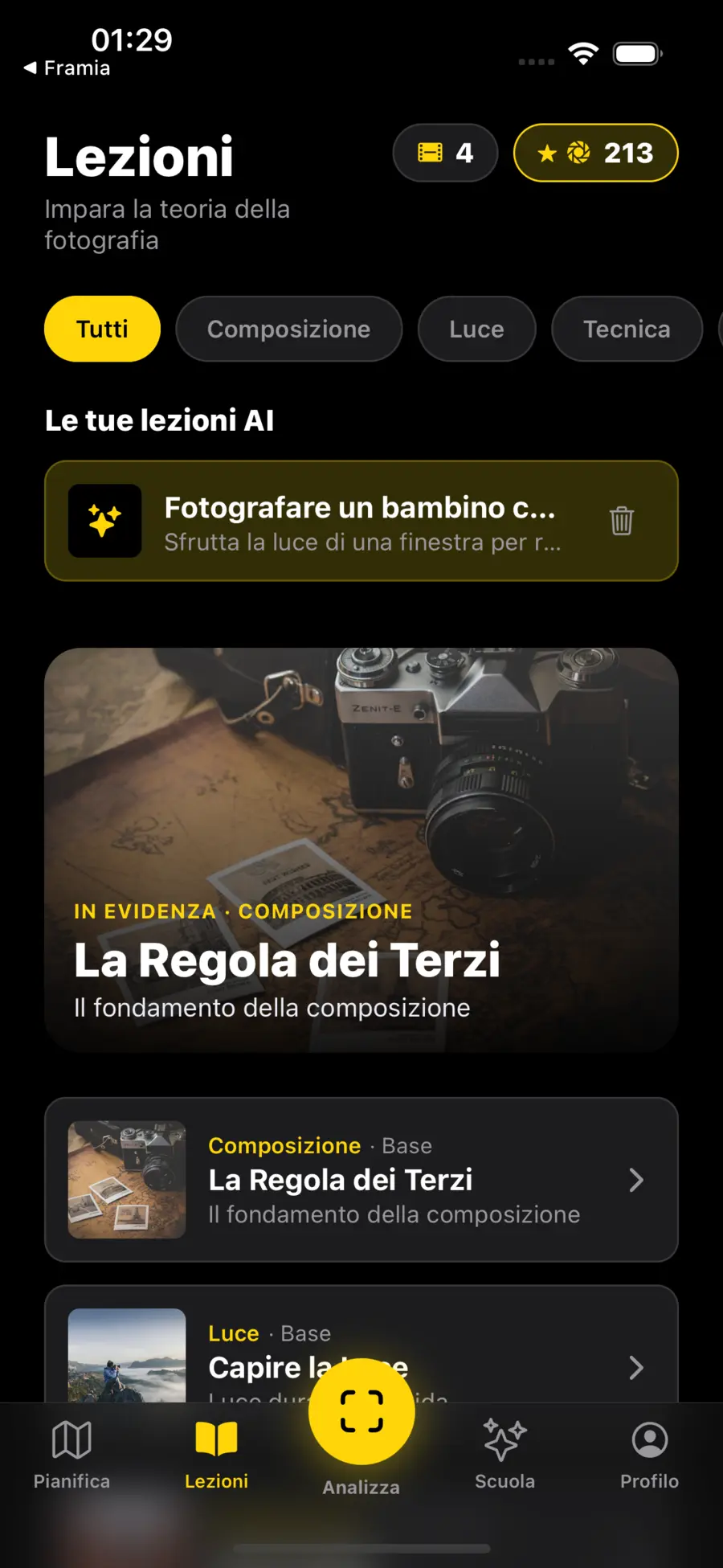 Schermata di Framia: catalogo lezioni e generazione di una lezione AI