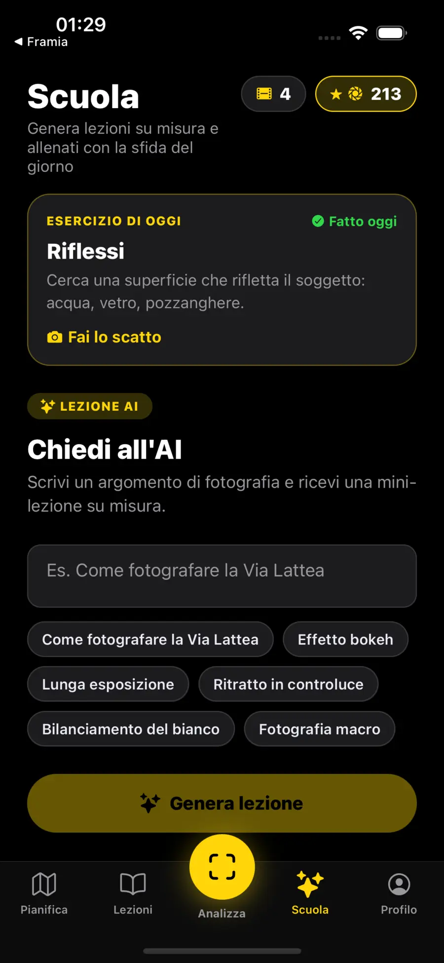 Schermata di Framia: esercizio del giorno nella sezione Scuola