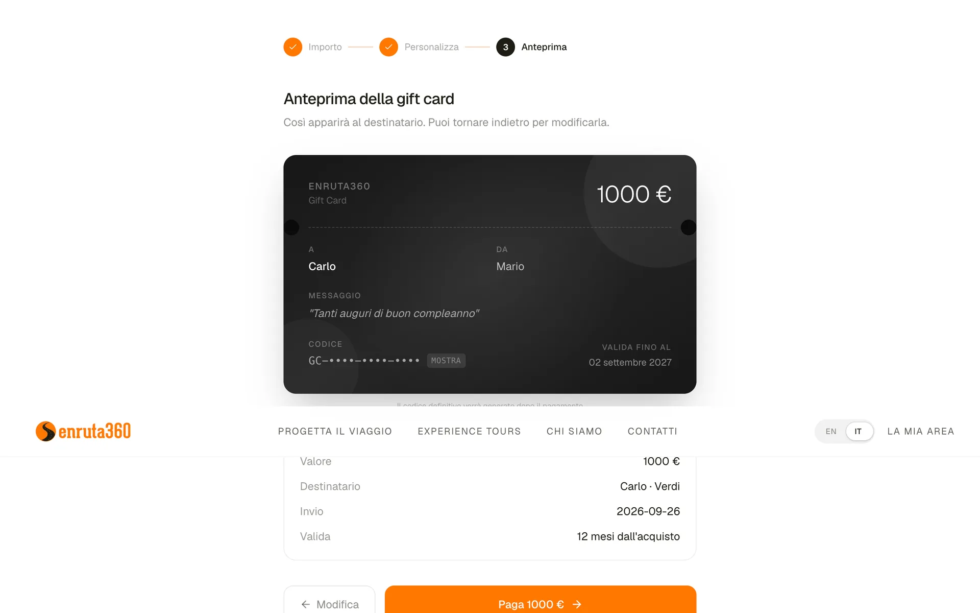 Flusso di acquisto gift card Enruta360 con importi e Stripe