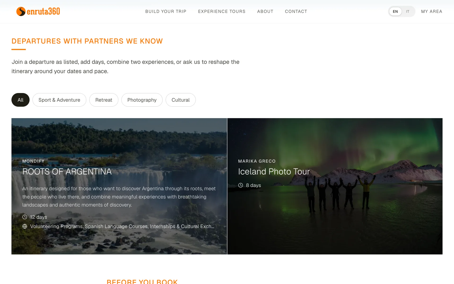 Catalogo Enruta360 con filtri categoria e card ROOTS OF ARGENTINA