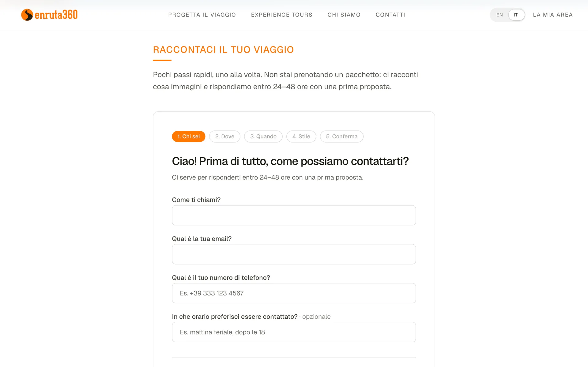 Wizard Enruta360 per richiedere un viaggio su misura, passo Chi sei