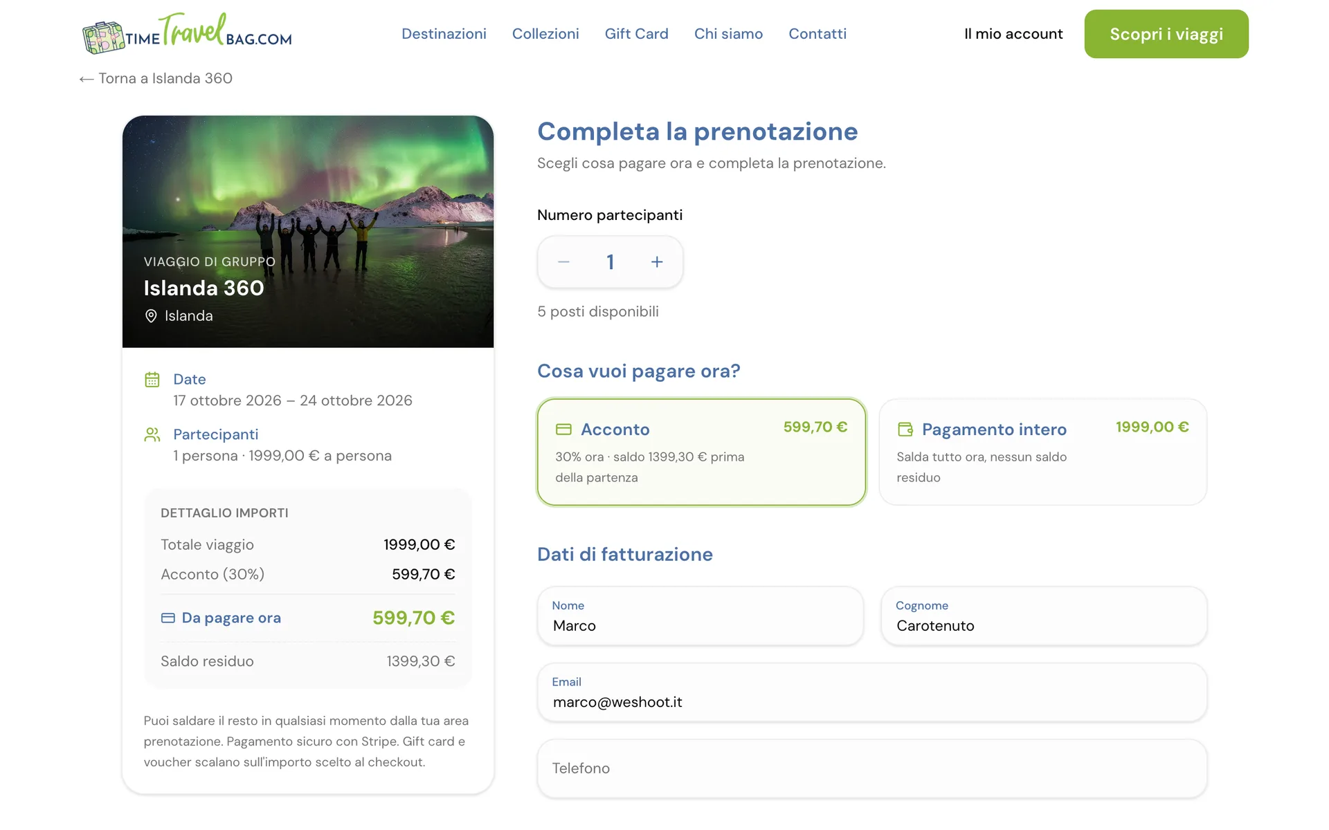 Il checkout con la scelta fra acconto e saldo intero