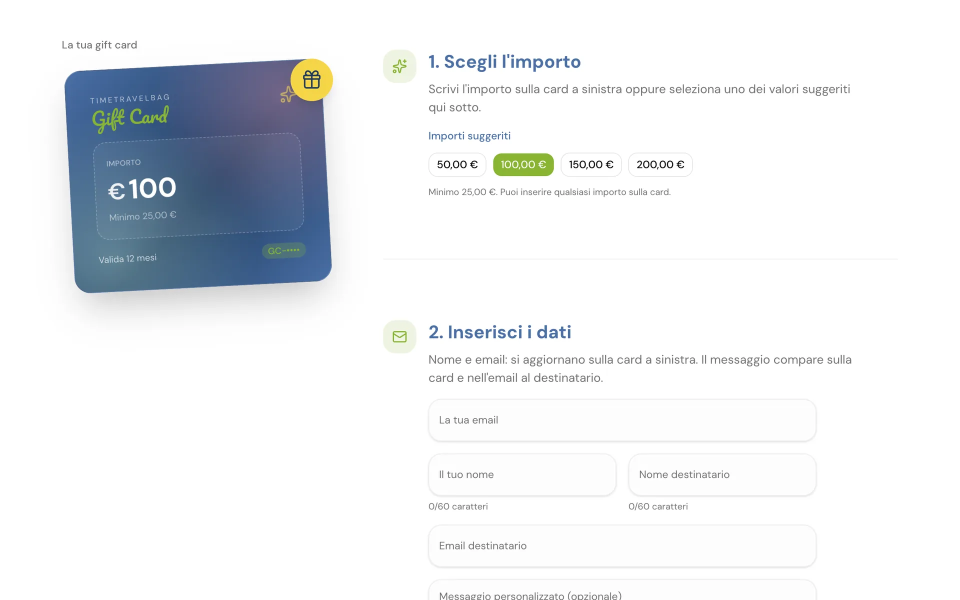 La pagina di acquisto delle gift card con l'anteprima della card