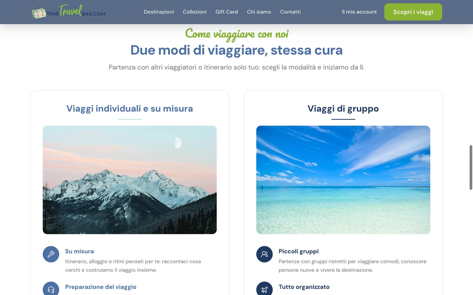 La home di Time Travel Bag con le due modalità di viaggio, individuale e di gruppo