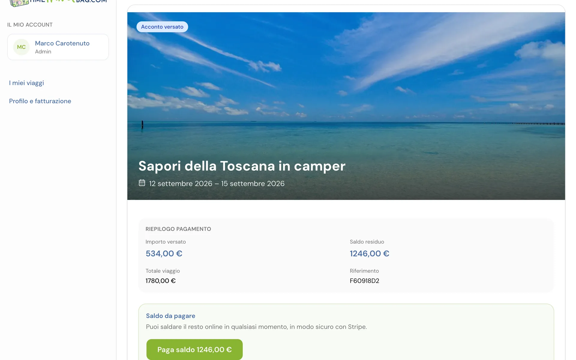 Il dettaglio di una prenotazione con saldo residuo e pagamento del saldo