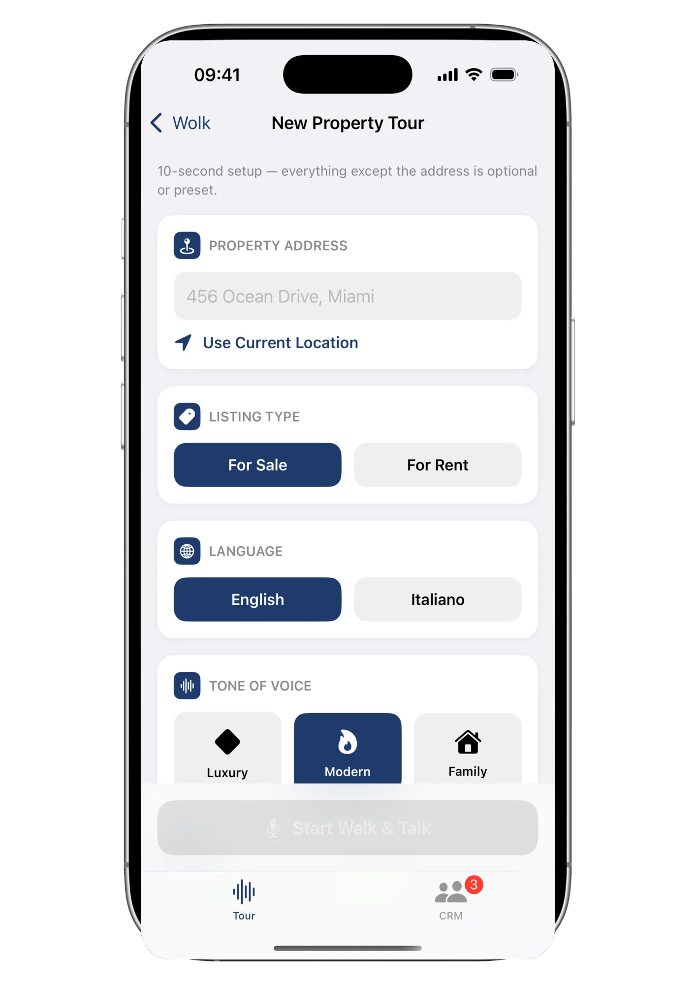 Wolk screenshot: setting up a tour with address, listing type and tone of voice
