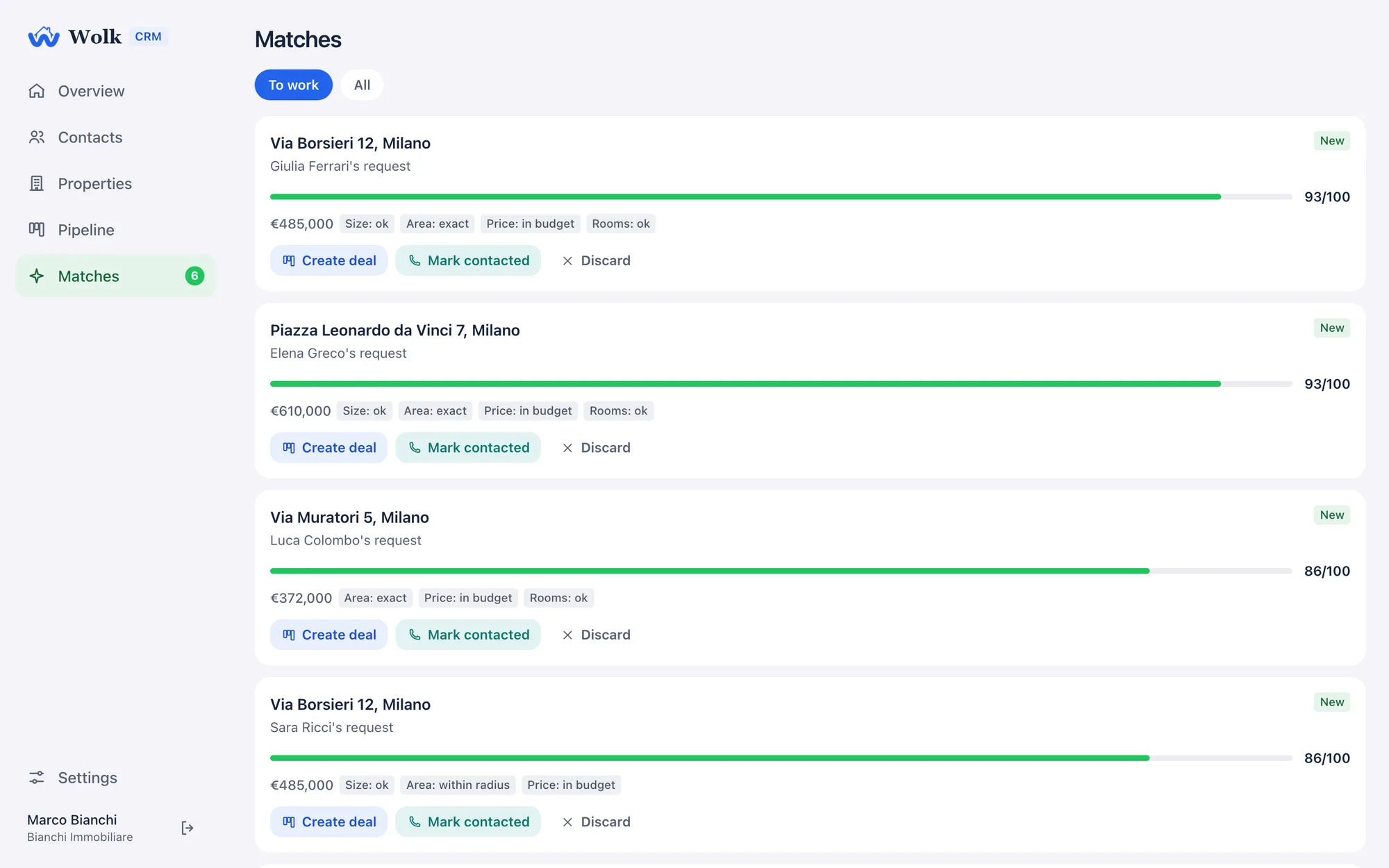 Wolk CRM: the list of matches between properties and requests, with score and match reasons