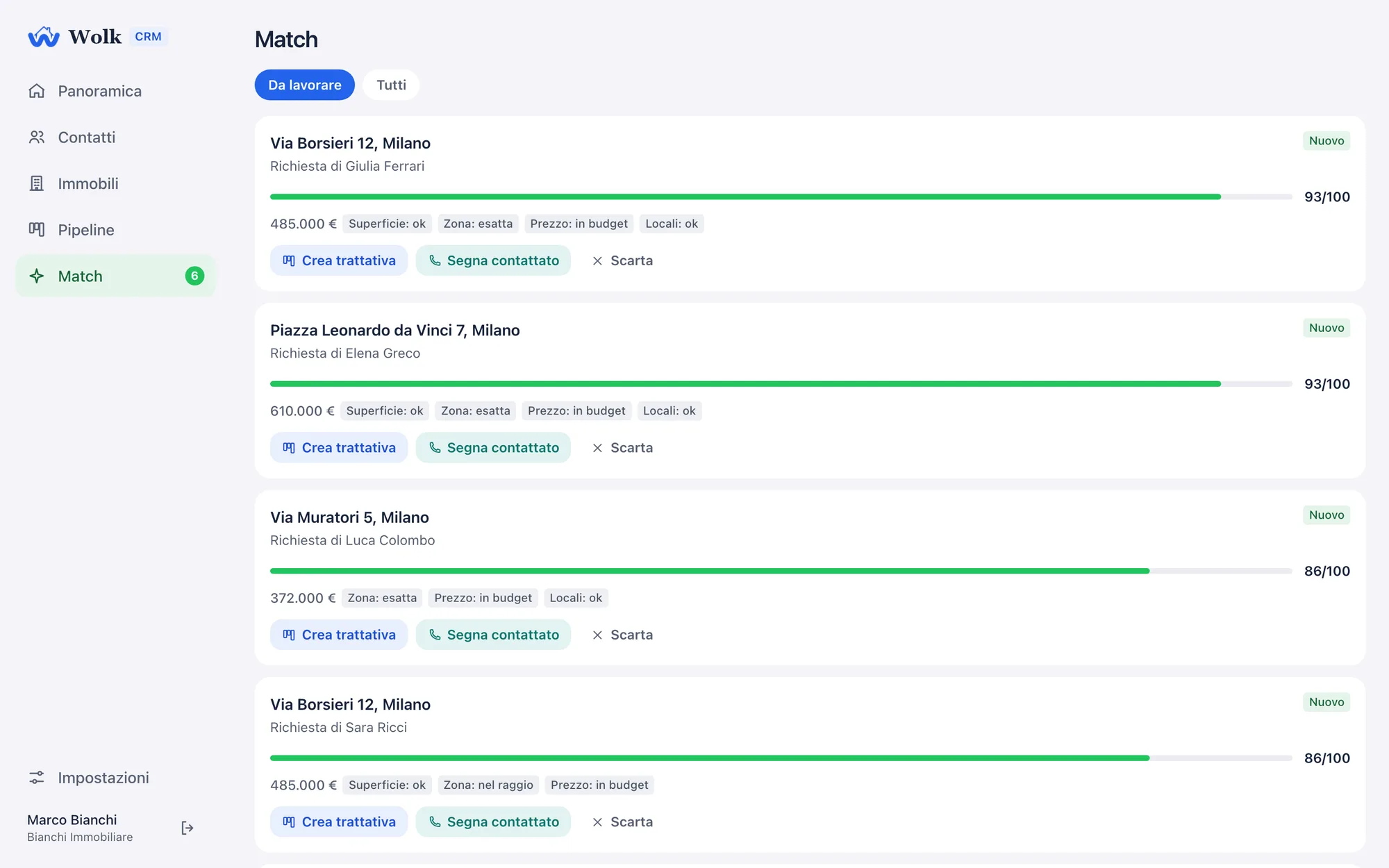 Wolk CRM: elenco dei match tra immobili e richieste, con punteggio e motivi del match