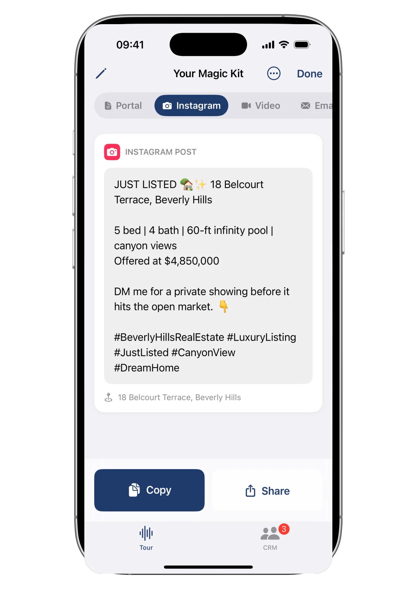 Wolk screenshot: generated Instagram caption with hashtags, ready to copy