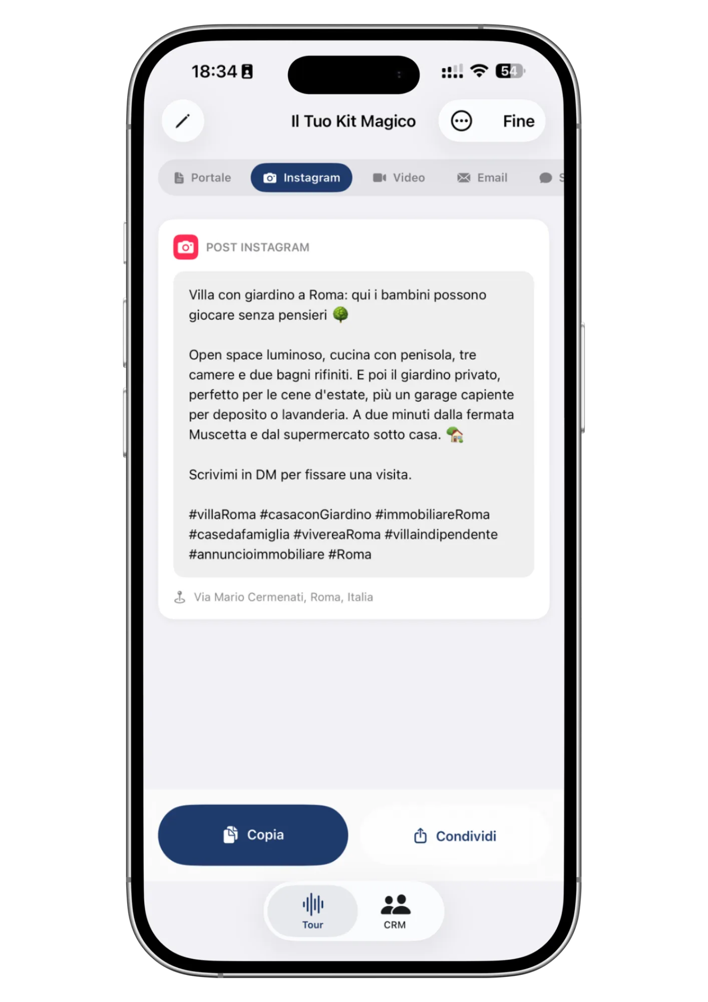 Schermata di Wolk: caption Instagram generata con gli hashtag, pronta da copiare