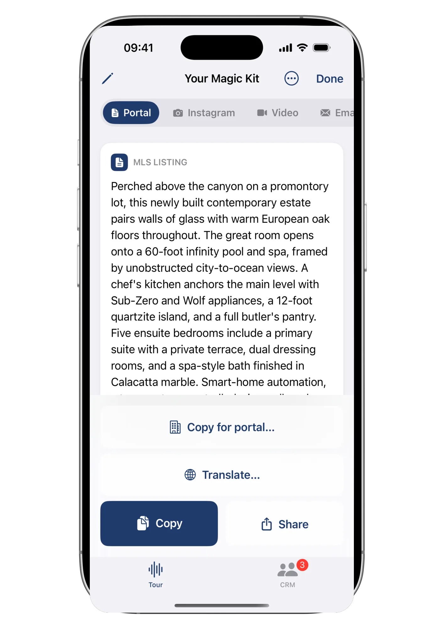 Wolk screenshot: the listing kit with the MLS, Instagram, Video, Email and Text tabs