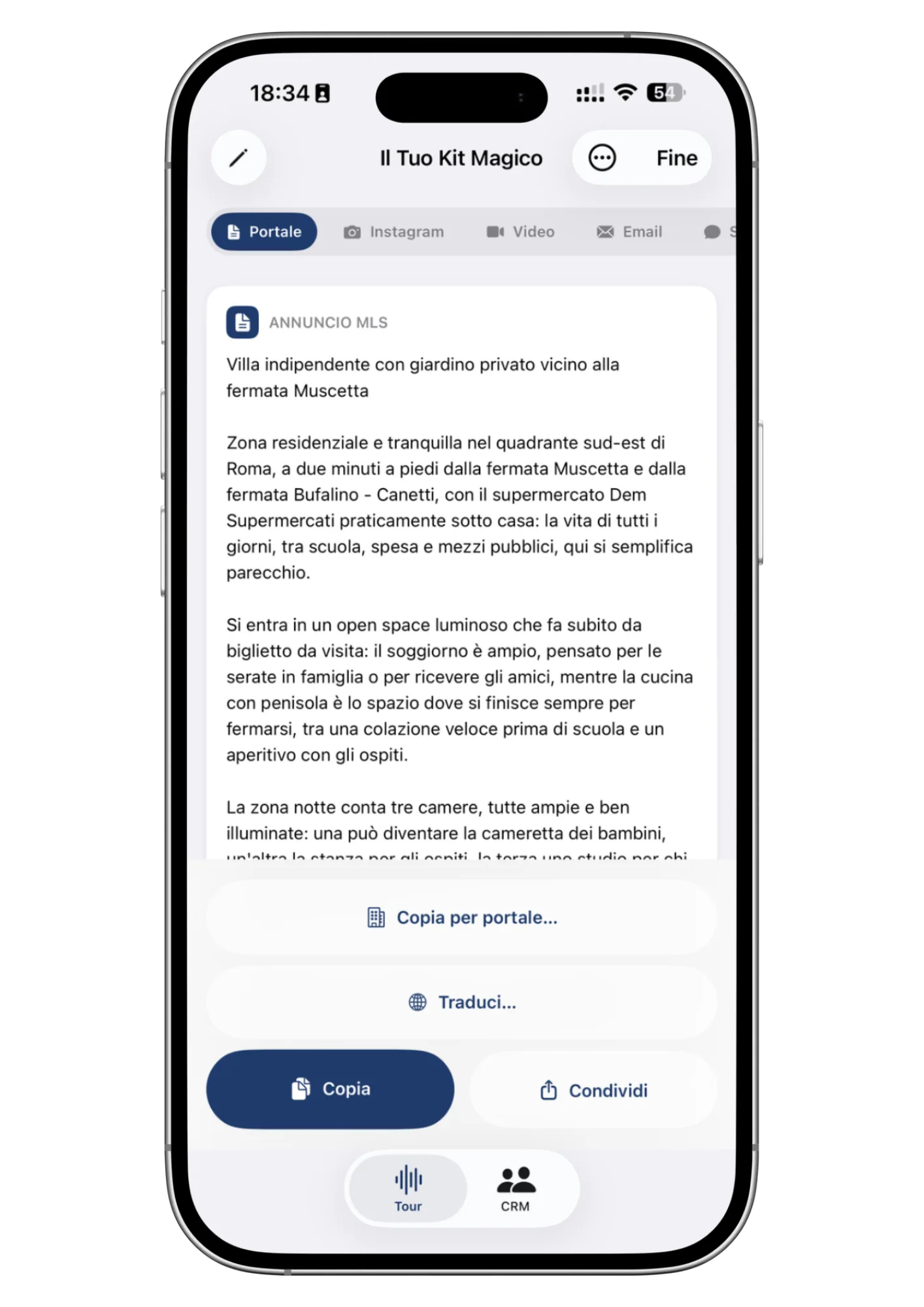 Schermata di Wolk: il kit dell'annuncio con le schede Portale, Instagram, Video, Email e SMS
