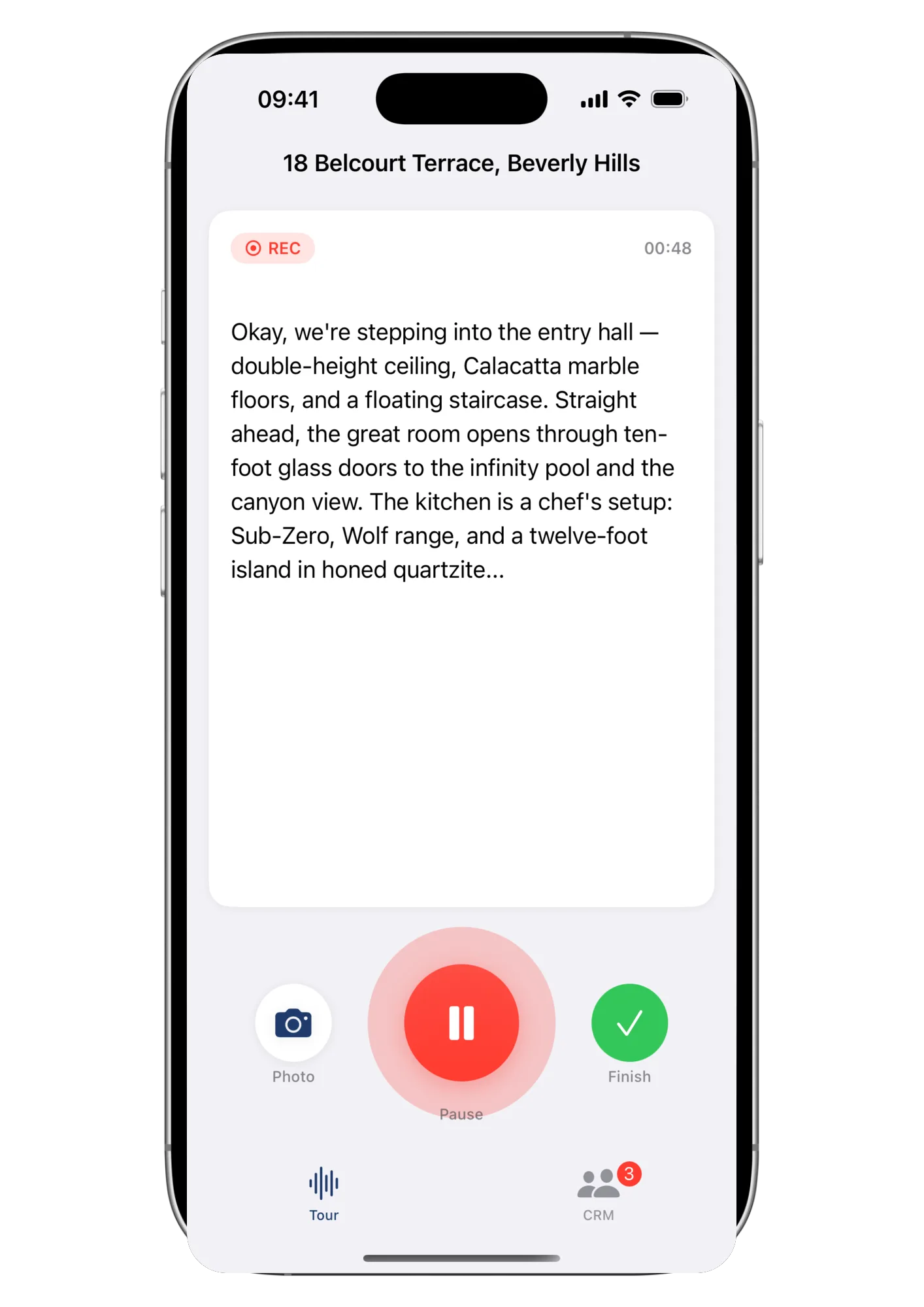 Wolk screenshot: recording in progress with the live transcript and the photos taken