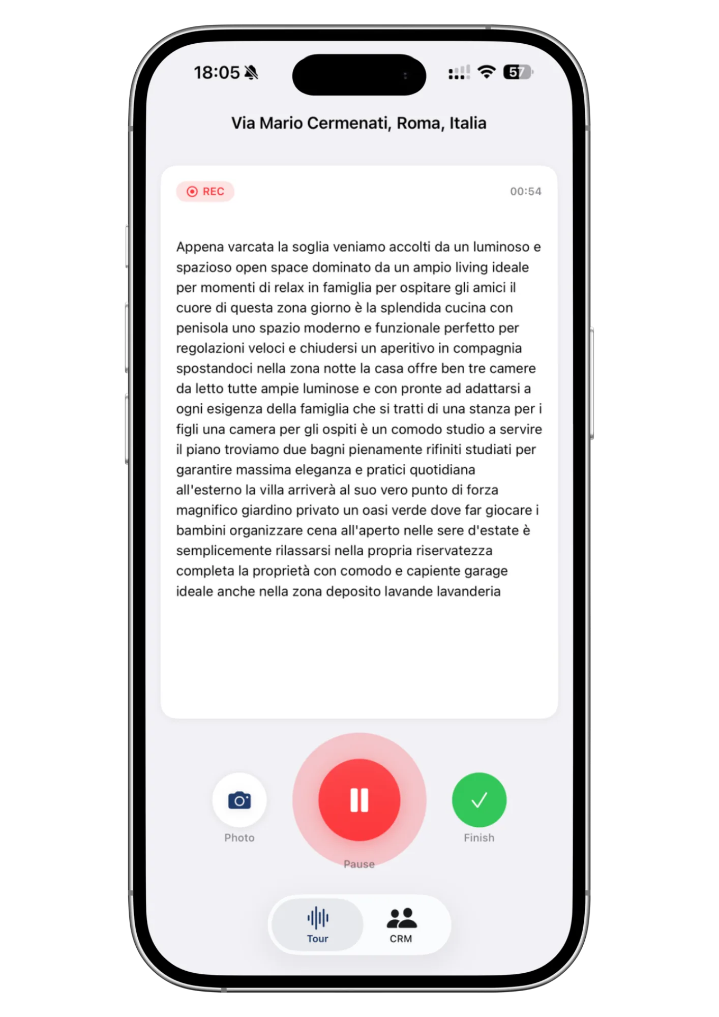 Schermata di Wolk: registrazione vocale in corso con la trascrizione live e le foto scattate